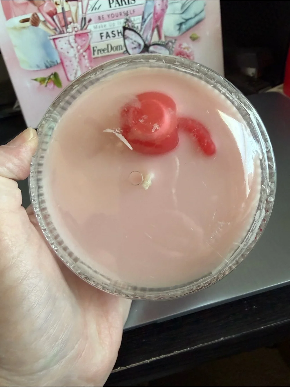 Pink Layered Dessert Candle in Glass Compote with Red Ribbon Cherry Scented